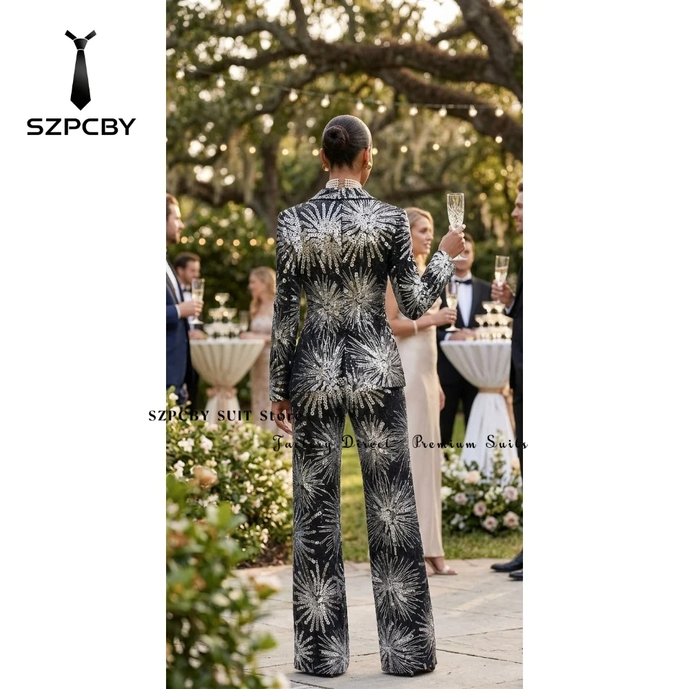 Women's Suit 2 Piece Firework Floral Pants Suits for Women Sequin Blue Pants Sets Women 2 Piece Outfits Elegant Blazer and Pants