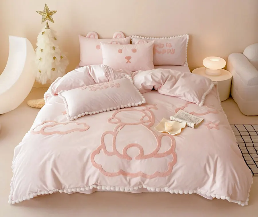 Cute embroidery bear pink khaki bedding set kid,full queen king lovely cotton home textile bed sheet pillow case duvet cover