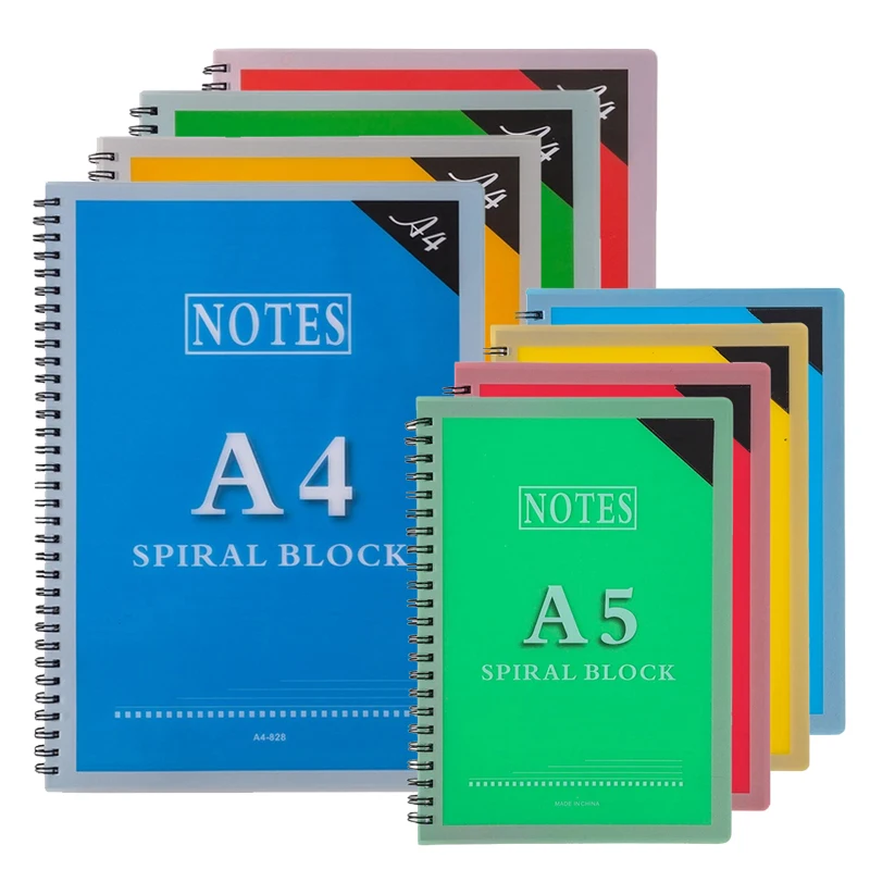 68-Sheet Spiral Notebook with Plastic Cover A4/A5 Sizes Lined Pages Blue Green Yellow Red Wirebound Notebook