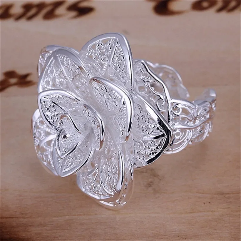 The new silver 925 Plated  charm female flower ring women lady  party  hot sale gift classic style free shipping