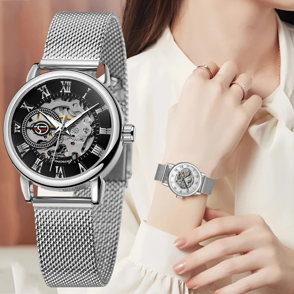 FORSINING الكلاسيكية الهيكل العظمي اليد الرياح الميكانيكية ووتش الفاخرة الأنيقة المرأة الساعات الأرقام الرومانية رائعة جوفاء السيدات على مدار الساعة