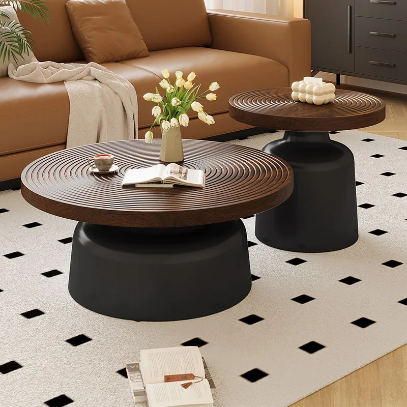 

Round coffee table living room household small apartment high-end solid wood carbon steel tea table