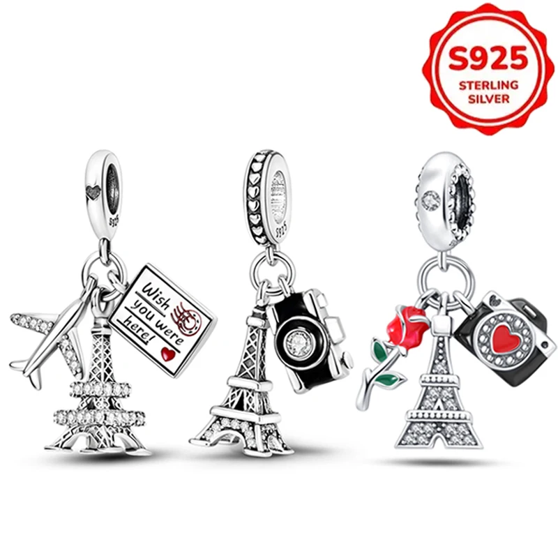 

Charms 925 Sterling Silver Travel Camera Paris Eiffel Tower Beads Womens Original 925 Bracelets Bangles DIY Jewelry Pendant Gift