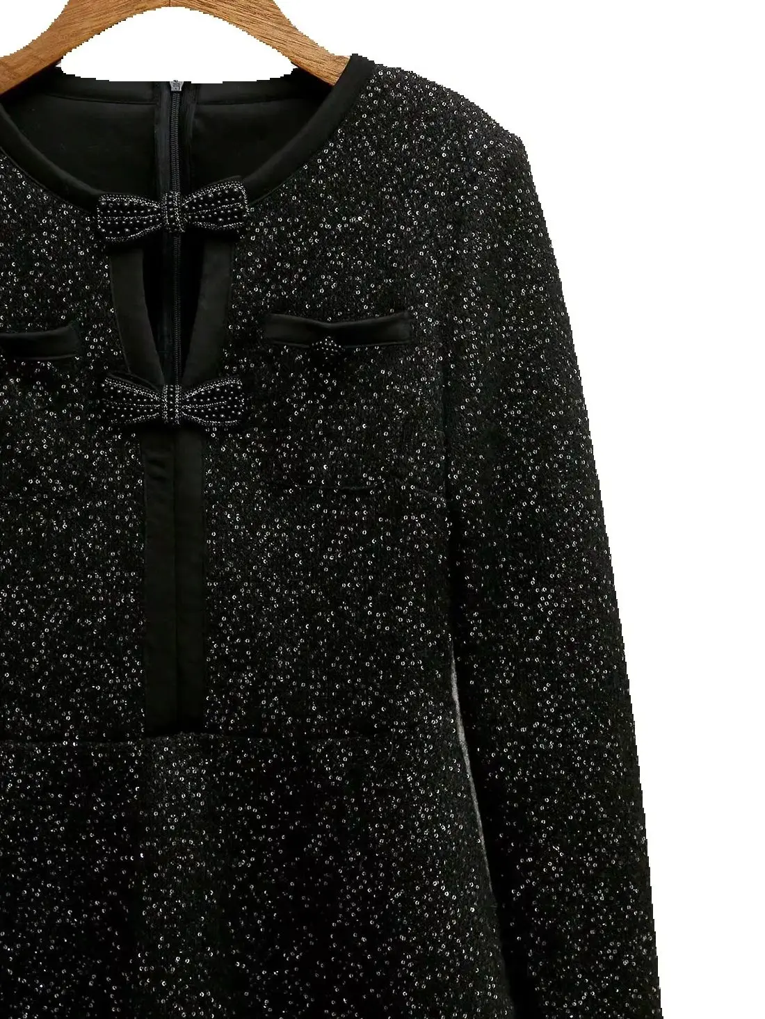 

Fall/Winter Women O-Neck Bow Hollow Sequined Long Sleeve Ruffle Solid Knit Dress Loose Sparkly Fashion Mini Dress
