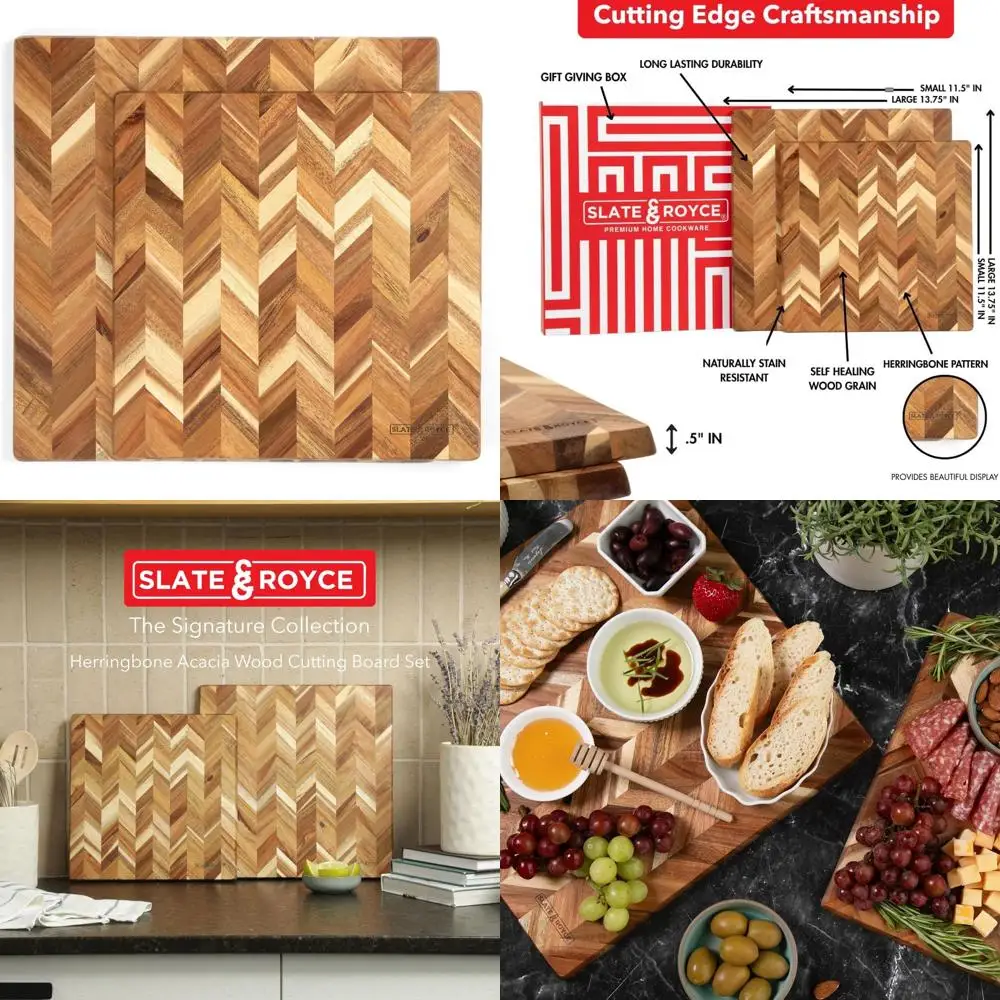 

Set of 2 Acacia Wood Herringbone Cutting Boards - Large & Small Square Charcuterie Boards with Serving Tray & Gift Box