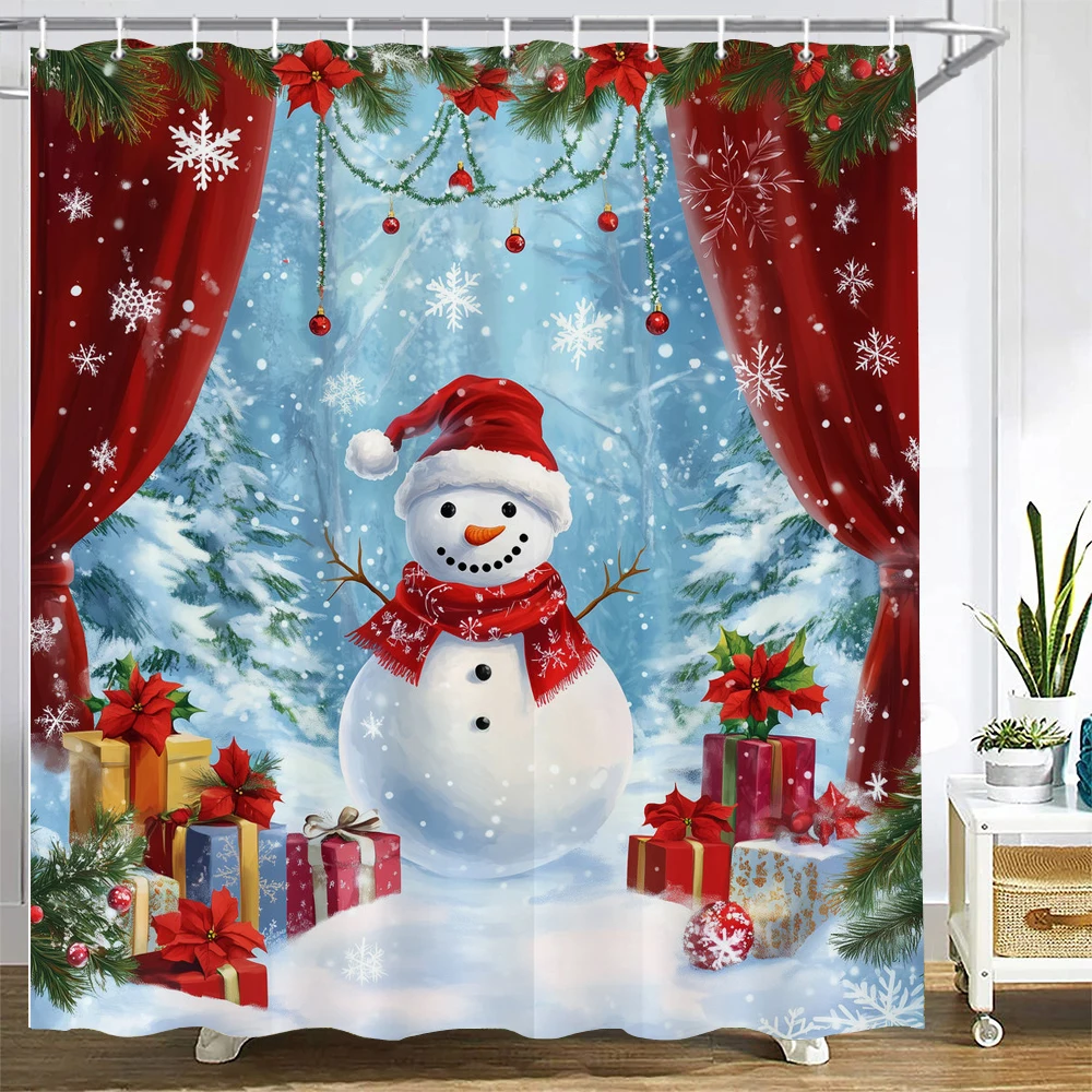 

Christmas Snowman Decoration Pattern Shower Curtain, Bathroom Decoration Shower Curtain, Waterproof Shower Curtain with Hooks