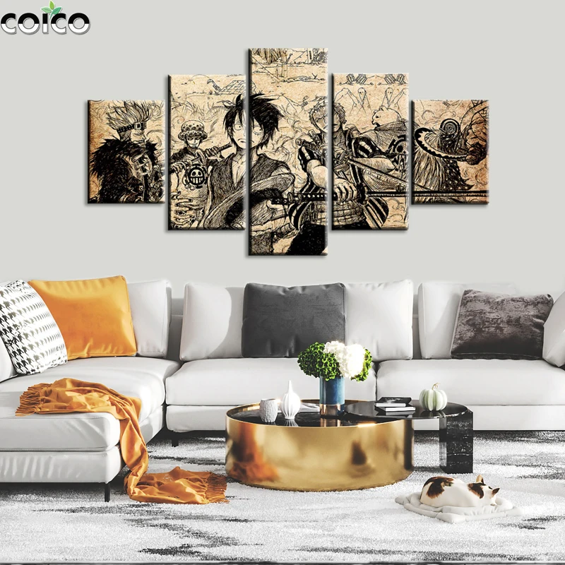 One Piece Poster with Frame Fire Fist Ace 5 Panel Anime Wall Art Canvas Painting Modular Print Home Decor Living Room Picture