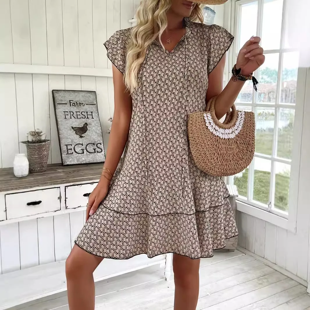 2025 Elegant Women's Casual Loose Ruffle Mini Dress Bohemian Printed V-neck Lace-up Small Flying Sleeve Dresses For Women S-3XL image 3