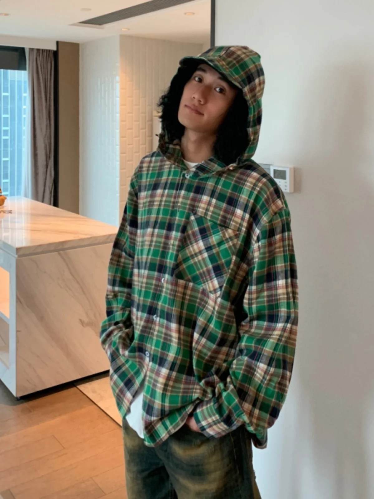 Autumn American Style Casual Plaid Long Sleeve Shirt Coat Unisex Loose Retro Hooded Shirt Trendy Youth Popular Outerwear