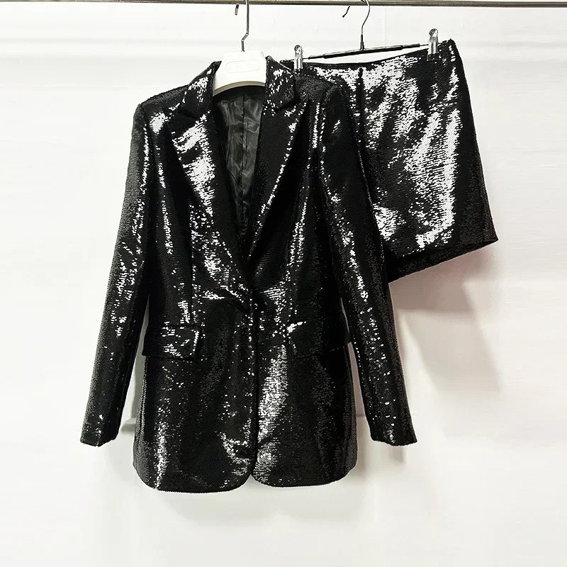 High Quality New Fashion 2024 Fall Winter Women's Notched Long Sleeve Sequins Blazer Zipper Two Pieces Black Short Sets