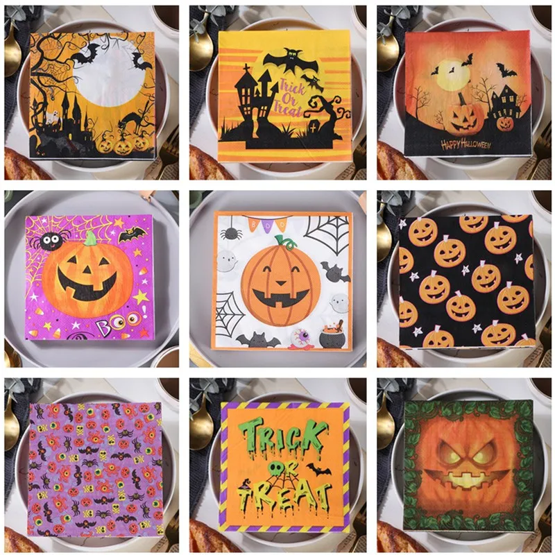 20Pcs/pack Halloween Series Skull Pumpkin Printed Paper Disposable Tableware Napkin Tissues Party Decoration