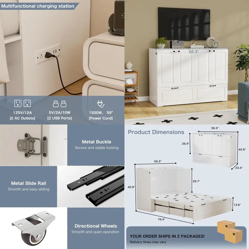 

ull Murphy Bed Cabinet: White Cabinet Bed with Charging Station, Cube Murphy Beds with Ders, ern Hidden Beds or Small Spaces, Gt