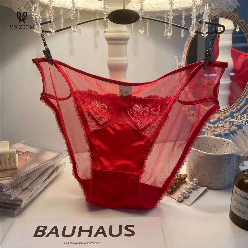 New French emotional appeal low waist sexy hollow out mesh triangle satin stitching lace bright red temptation underwear