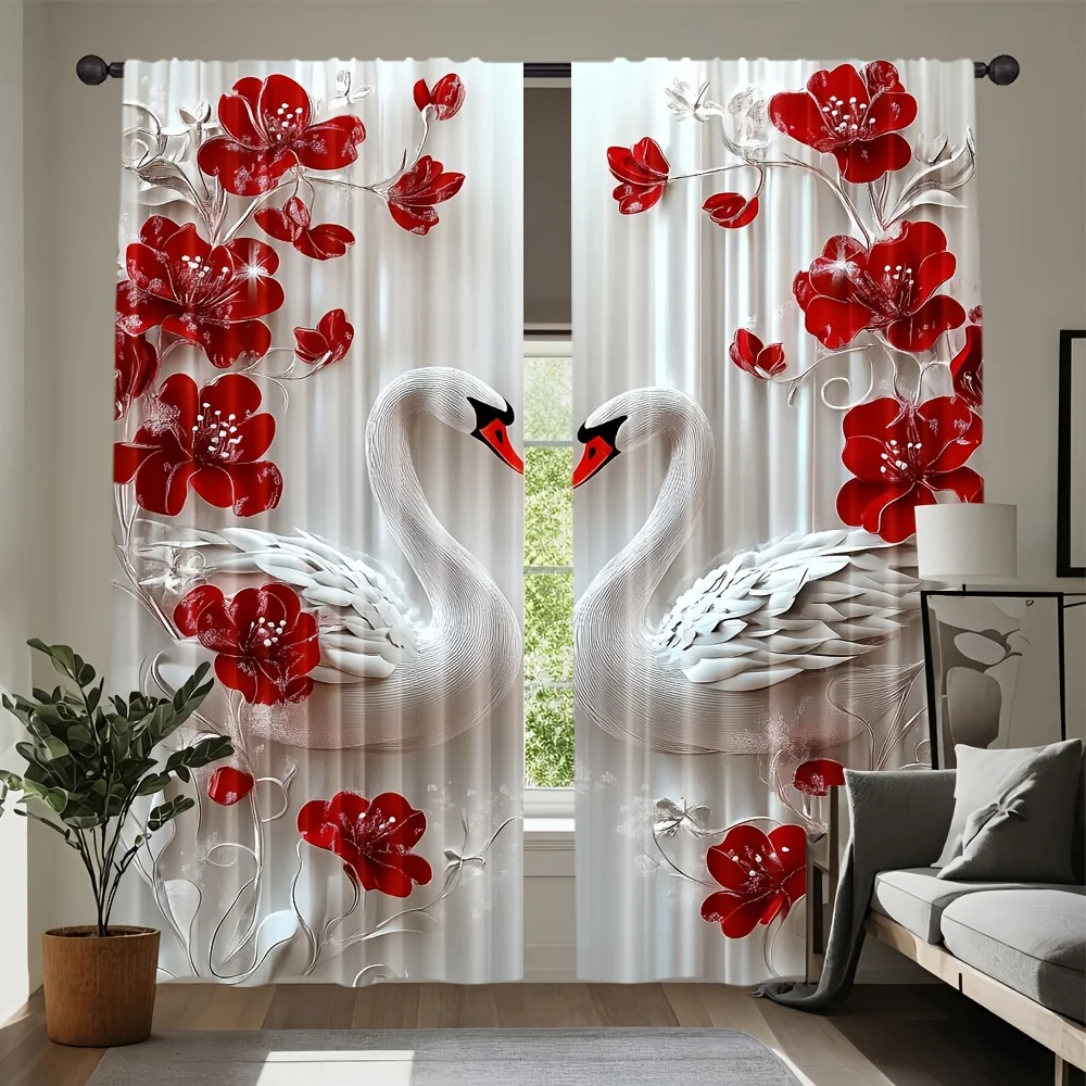 2pcs Floral Swan Print Curtains, Light Filtering Machine Washable Polyester with Rod Pocket for Bedroom Living Room Window Decor