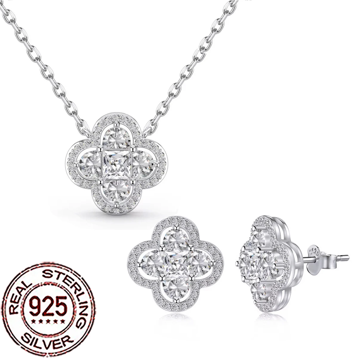 

QooLady серебро S925 сверкающие CZ кристаллы большие четырехлистные серьги ожерелье комплект для женщин изысканные рождественские украшения праздничный подарок ST052