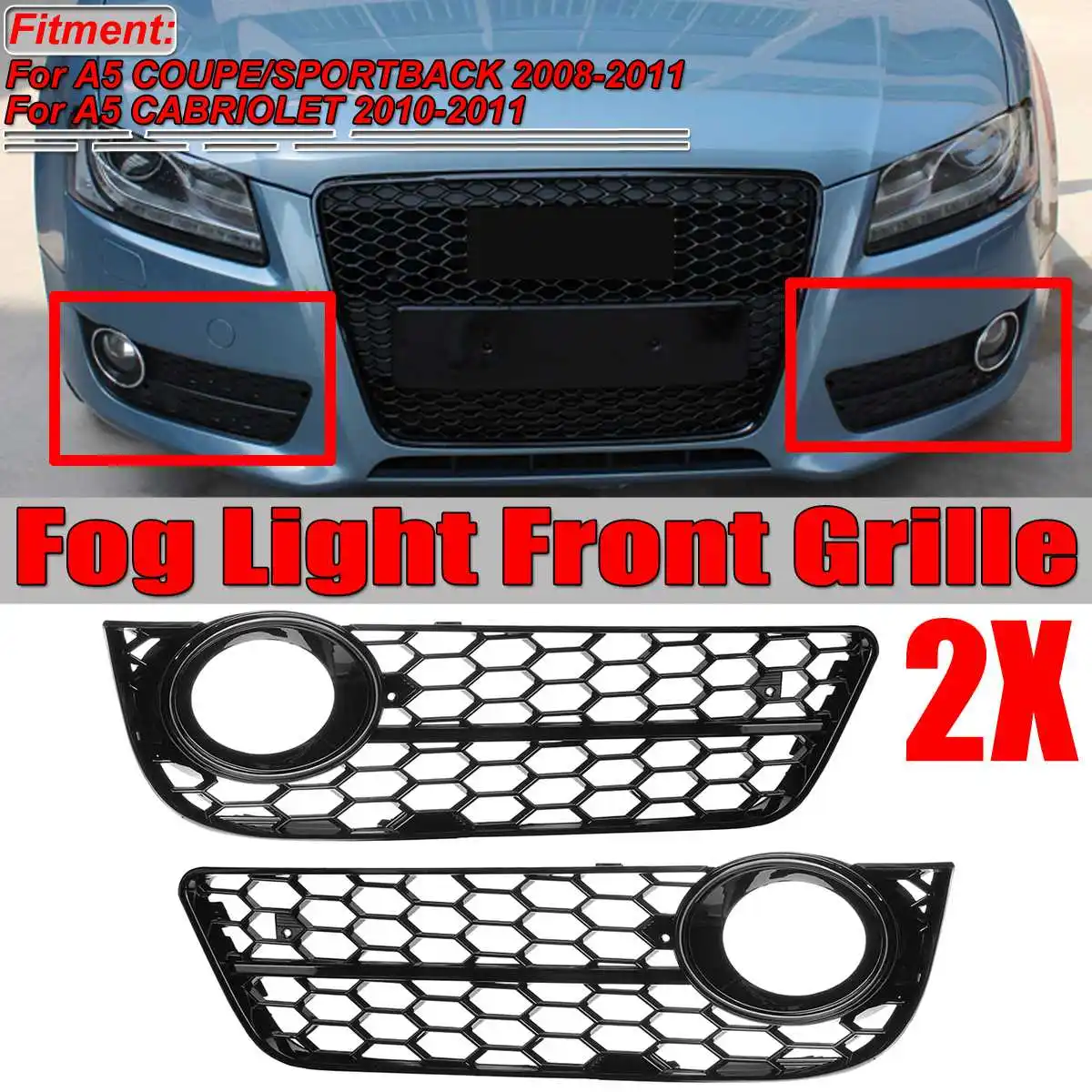 A Pair Car Front Bumper Fog Light Lamp Grille Grill Cover Mesh Honeycomb Hex For Audi A5 Coupe/Sportback 08-11 Cabriolet 10-11