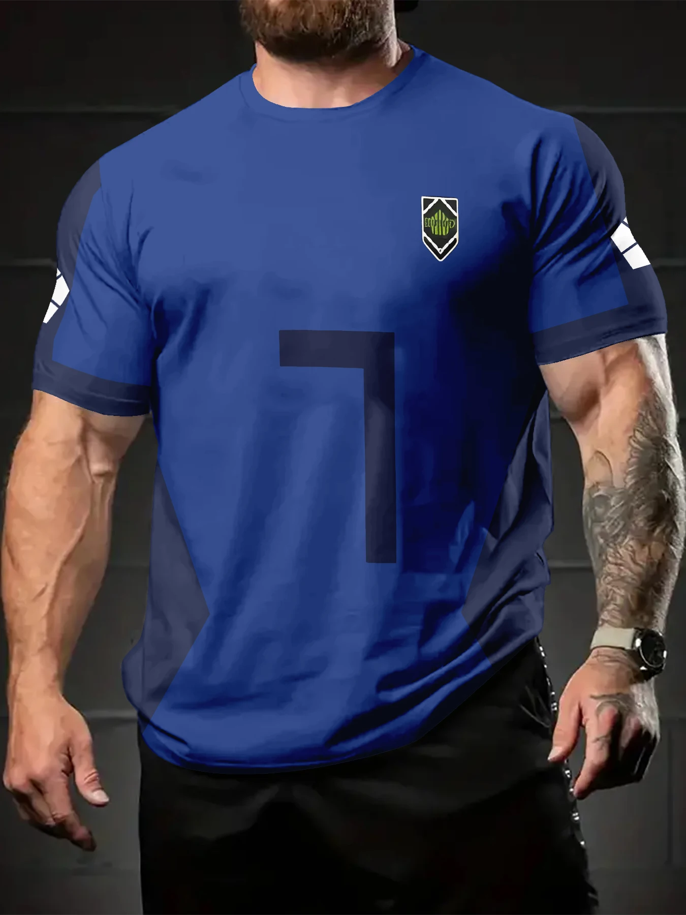 Men Two-Tone Blue Simple Large Number Chest Emblem Crew Neck Short Sleeve T-Shirt