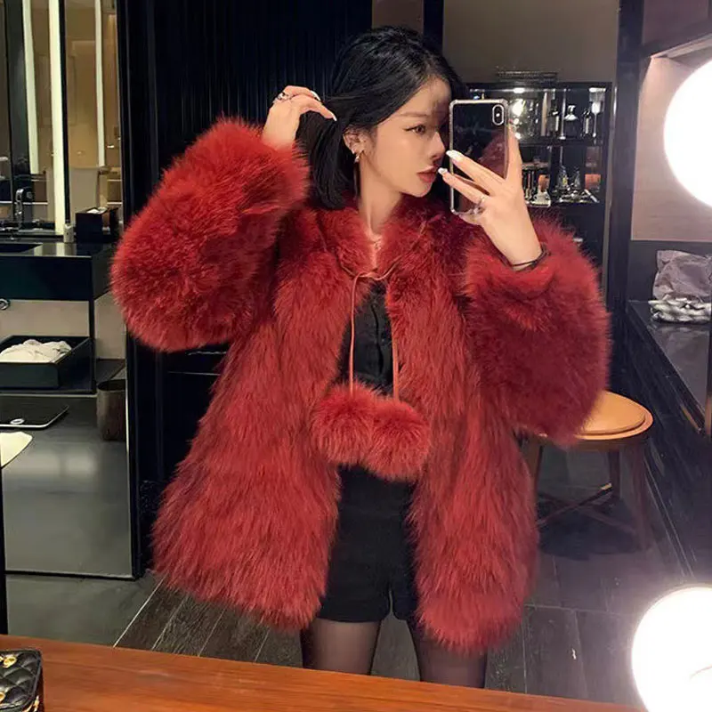 Autumn Winter Fashion Faux Fox Fur Woman Coat Sweet Solid Furry Cardigan Jacket Coat Party Club Outfit Overcoat With Hairball