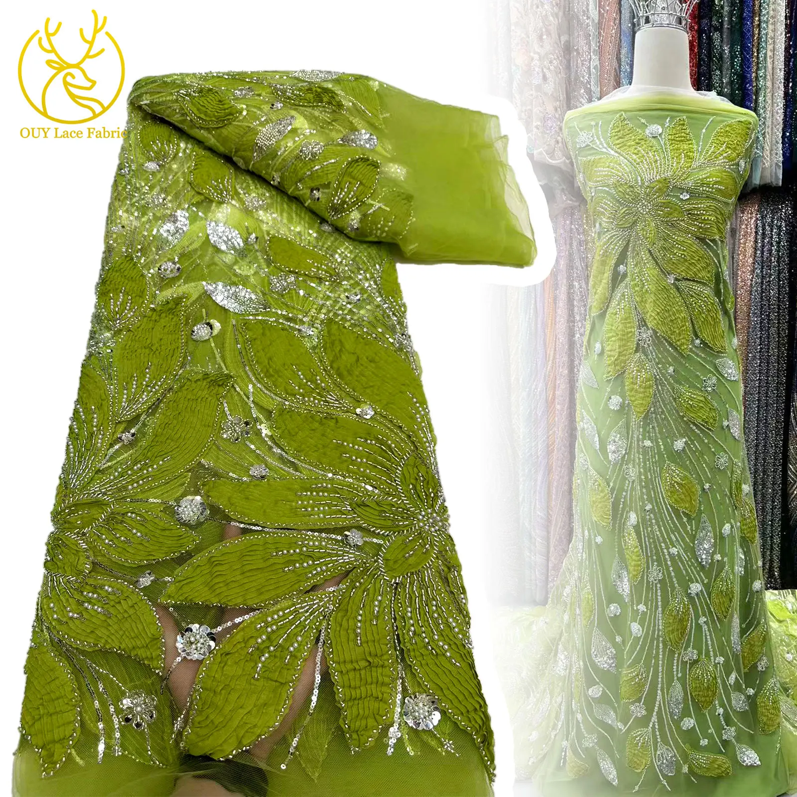 

Africa 3D Flower Tulle Beaded Lace Fabric 2025 Latest Hot Sale French Party Nigerian Sequin Lace Fabric Wedding Dress Sewing