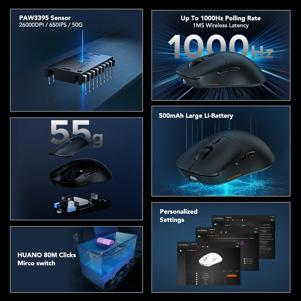 Выбор KYSONA M600 V2 PAW3395 Беспроводная мышь Bluetooth Gaming Esports 55 г 26000 точек на дюйм 6 кнопок оптический PMM3395 компьютер для ноутбука