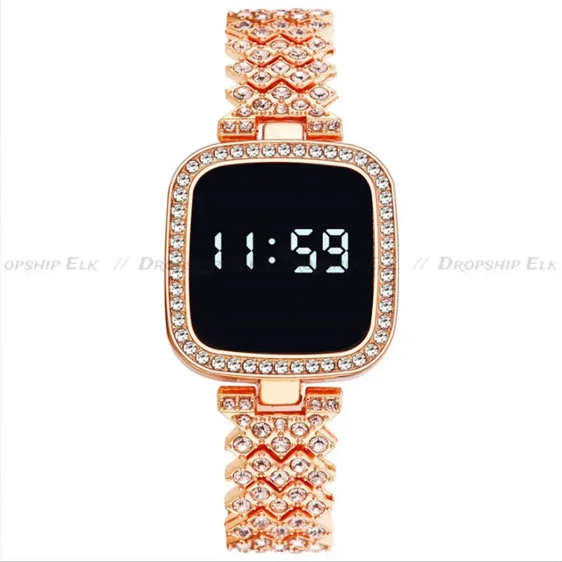 Orologio digitale con strass di lusso per donna Orologio touch screen semplice a LED Cinturino in acciaio moda Orologio da donna in oro rosa Reloj Mujer