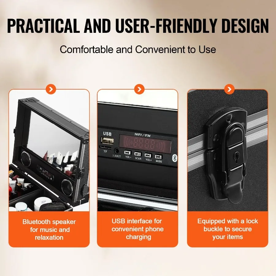 VEVOR Professional Makeup Train Case Aluminum Cosmetic Case Workbench With Supporting Legs Rolling Makeup Case Extra Large Trol