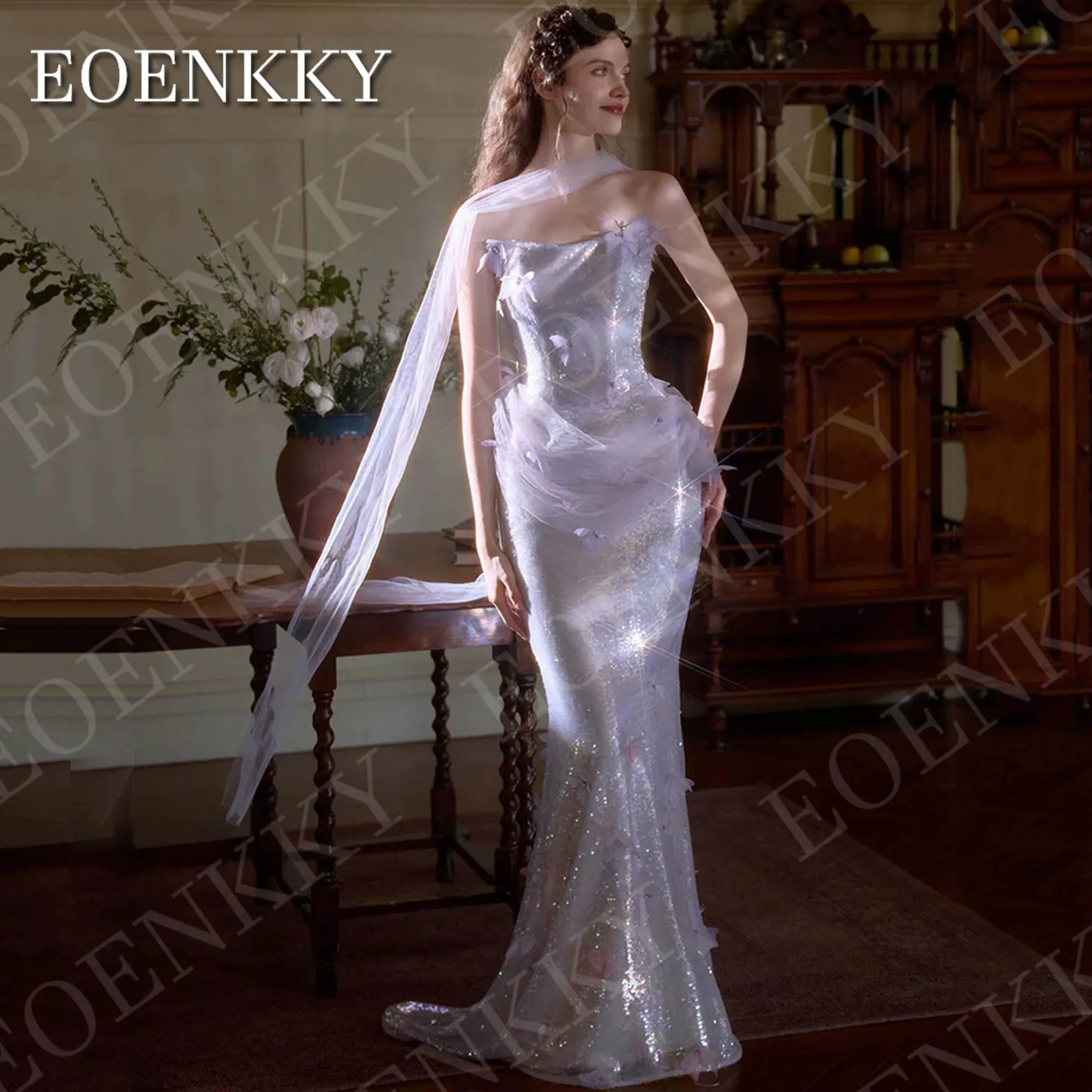 

EOENKKY Mermaid Prom Dresses Strapless Customized Evening Woman Luxury Sequin Sleeveless Red Carpet Party Dress платья в