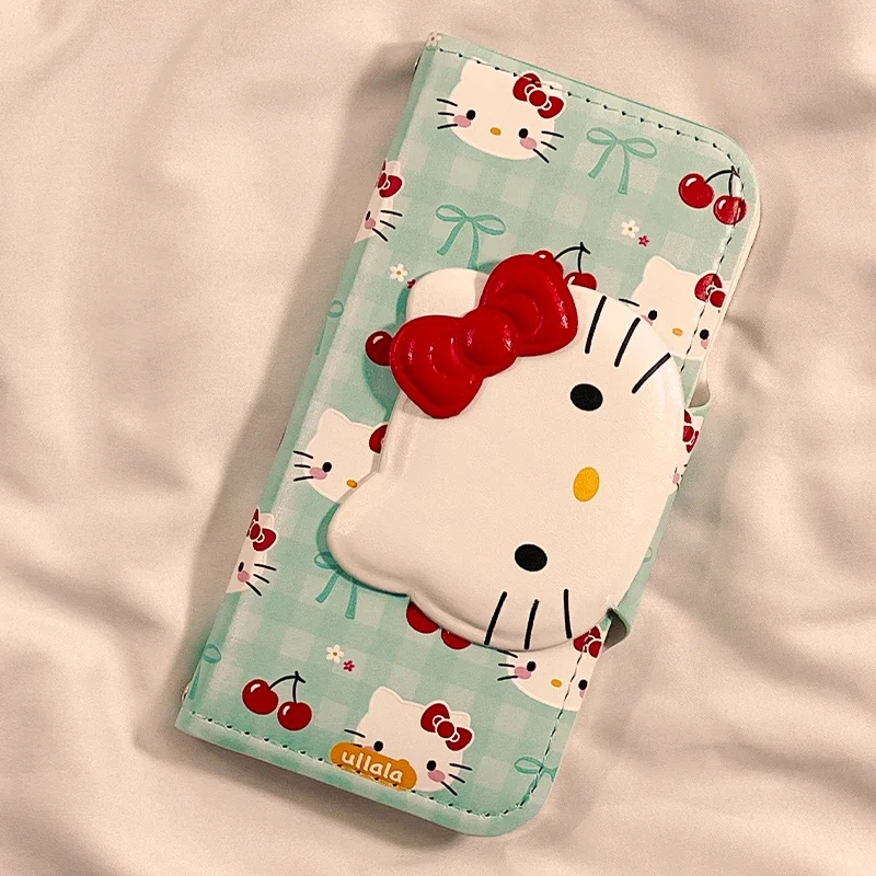 Kawaiiเชอร์รี่Hello Kitty Flip PUสําหรับIPhone 15 14 13 Pro Max Sanrioอะนิเมะน่ารักแฟชั่นป้องกันพร้อมผู้ถือบัตร