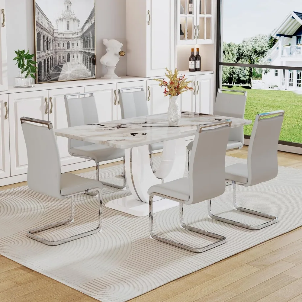 

Dining Table Set for 6 Kitchen Table Chairs Dining Room Set with 63 Inch Marble Dinner Table PU Leather Upholstered Chairs