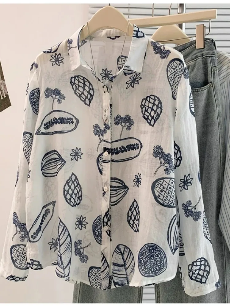 Korean Style Hand-Painted Blue White Cotton Linen Long Sleeve Shirt Women's Autumn Large Size Anti-Aging Shirt Daily Commute ...