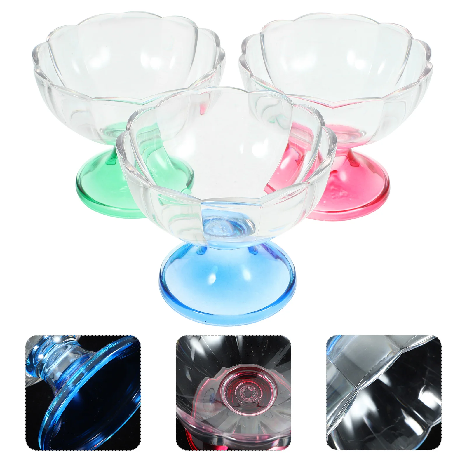 

3pcs Ice Cream Cups Acrylic Dessert Bowls 240ML Red Blue Green Footed Plastic Serving Bowls Container Yogurt Bowl