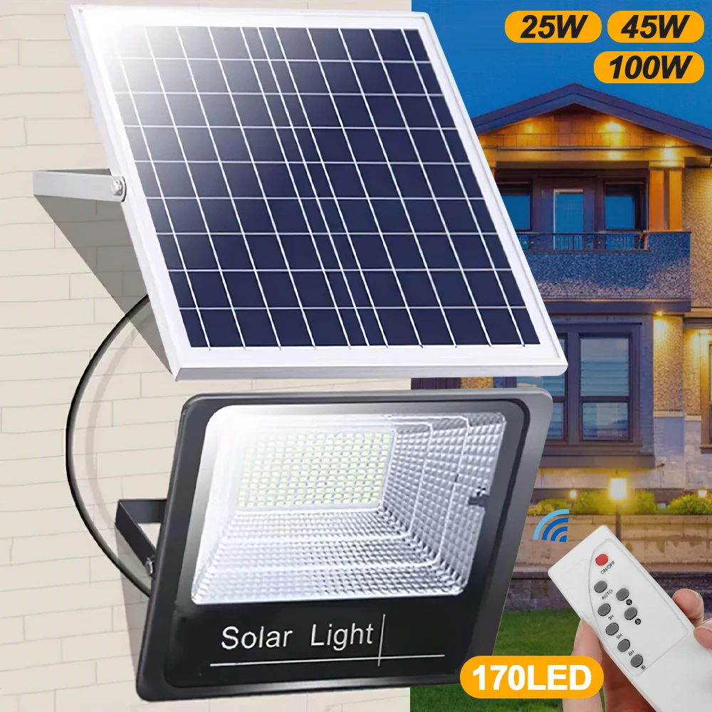 25/45/100W Solar LED Light Outdoor Indoor Floodlight Waterproof Remote Control Solar Light Solar Panel Wall Lamp for Garden Path