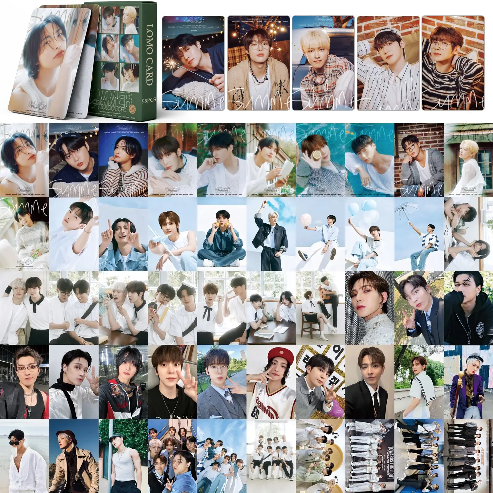 Kpop ATEEZ Summer Boxed Card 55pcs/Set High Quality HD Photo Double Sides Printing LOMO Card Yunho Jongho Mingi Fans Collection