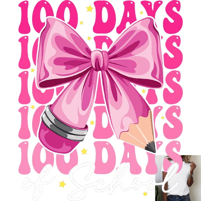 100 Days of School Theme Heat Transfer White Ink Iron - on Patch, Pink Bow Pencil Pattern, Suitable for T - Shirts/Canvas Bags,