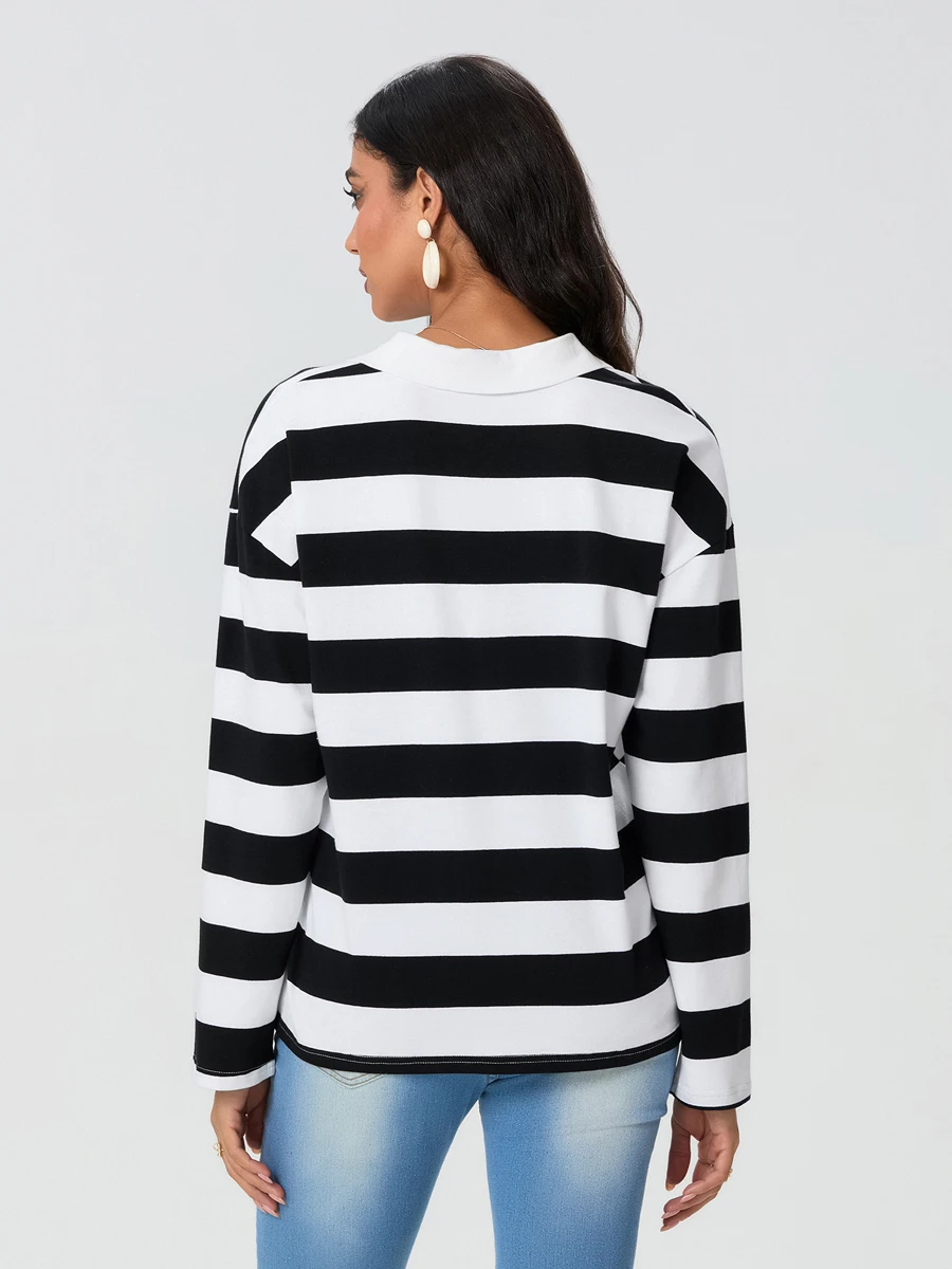 New Fashion Women's Fall Stripe Print Pullover Lapel Long Sleeve Loose Sweatshirt Casual Tops