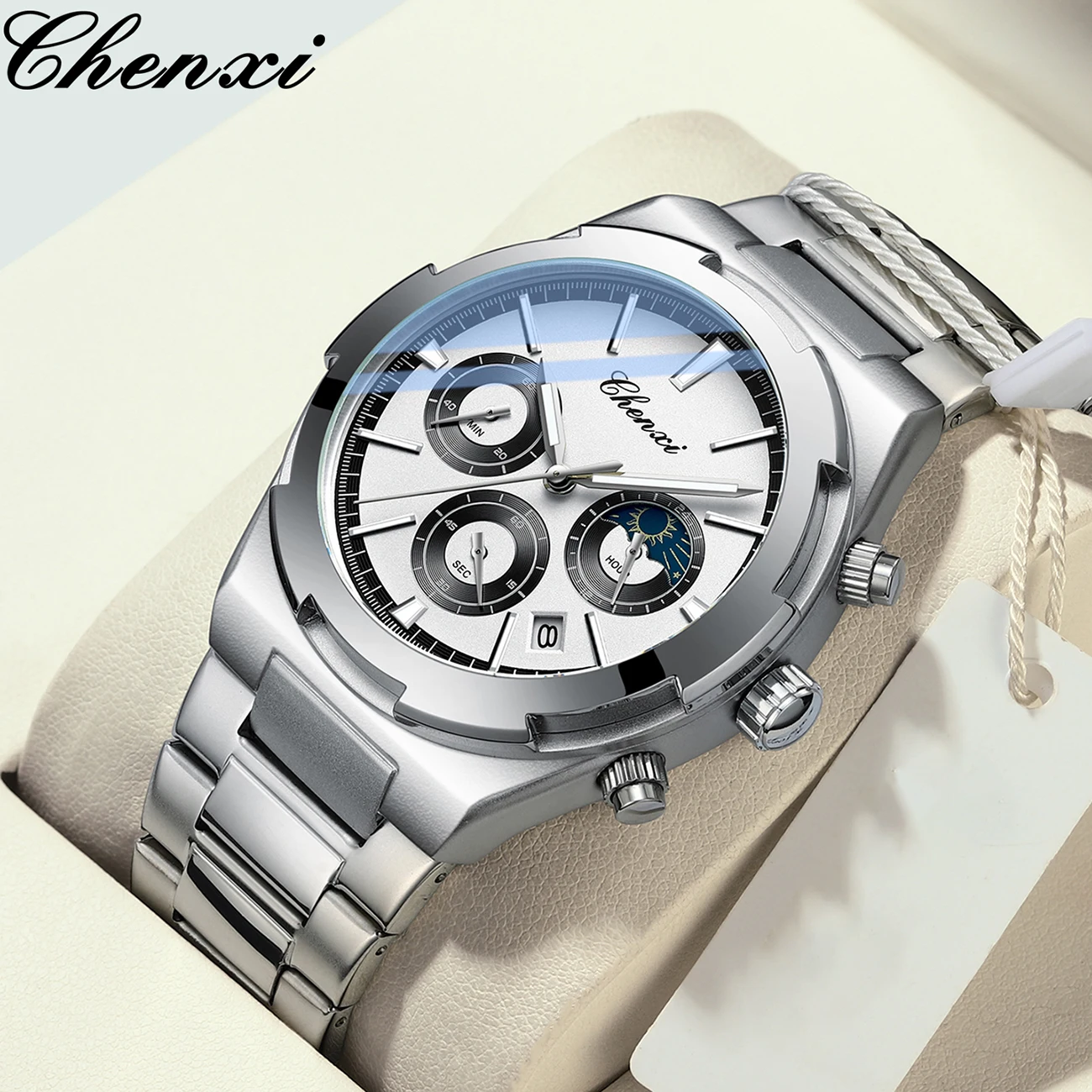 Mens Luxury Watch High Quality Calendar Moon Phase Chronograph Waterproof Stainless Steel Quartz Wrist Watches Gifts For Men