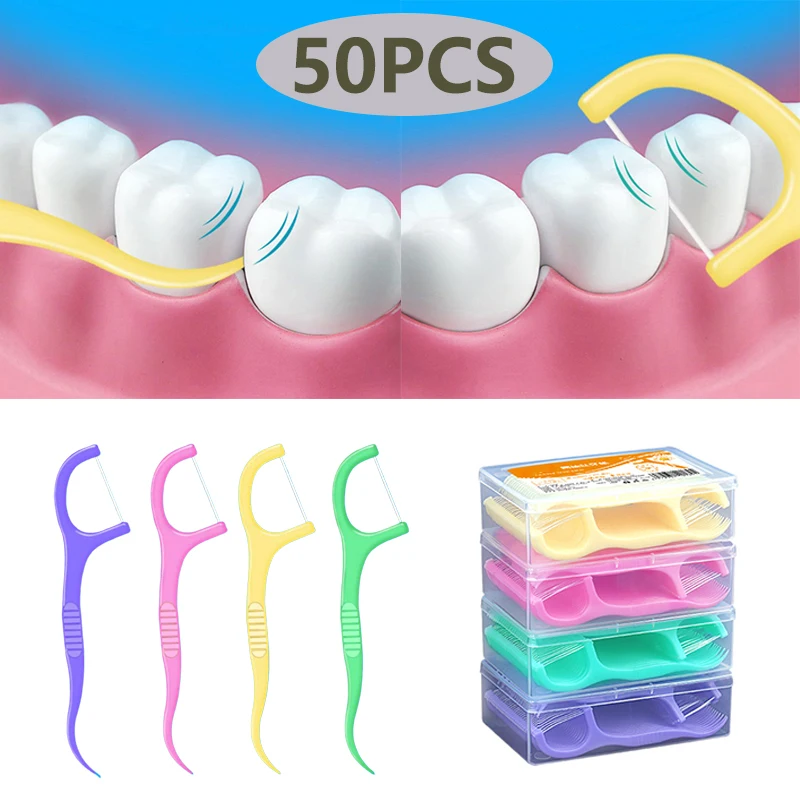 50Pcs/Box Fruit Flavor Dental Floss Pick Inter-dental Brush Tooth Cleaning High Tensile Force Portable Teeth Stick Hygiene Care