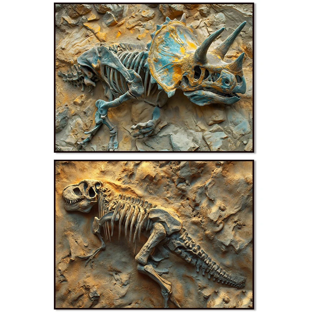 Jurassic dinosaur fossil archaeological art, Triceratops, Tyrannosaurus Rex fossils, skeletal prints, dinosaur posters