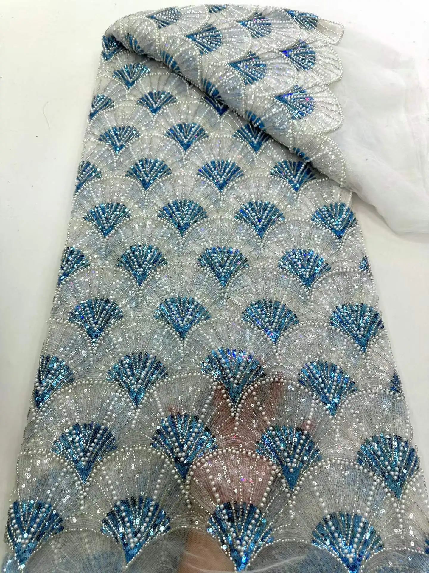 

African Beaded Groom Lace Fabric 2026 High Quality Lace French Mesh with Sequins Nigerian Wedding Party Dress Fabric for Brides