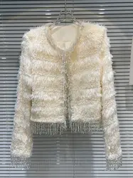 Giacca corta in peluche con nappe a catena con perline da donna di design HIGH STREET più recente 2024 F/W