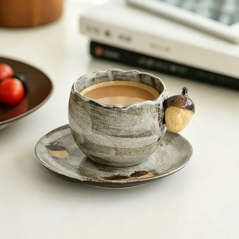 Vintage Handmade Ceramic Coffee Cup Set 3D Acorn Handle Irregular Mug with Saucer Spoon 300ml Creative Breakfast Tea Cup