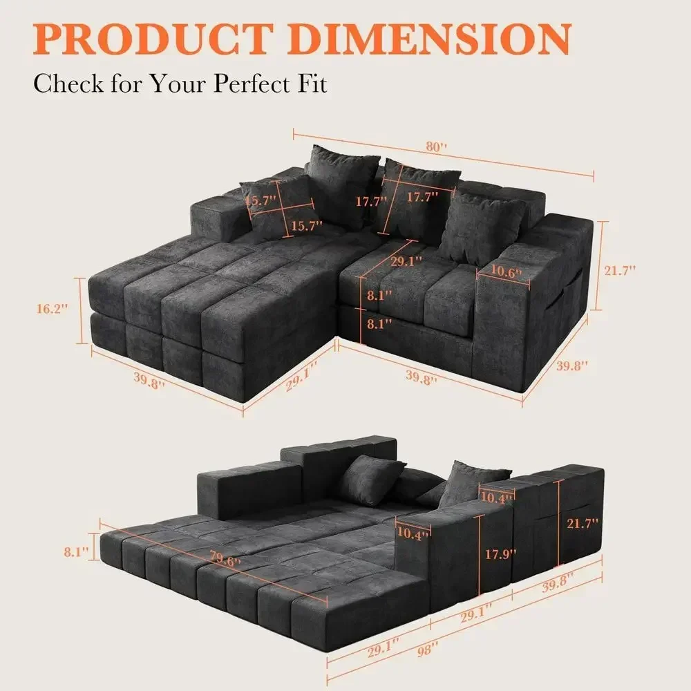 Luxury L-Shaped Sofa with Washable Cover, Deep Seating, Pillows, Sleeper Couch, Non-Slip Base, Plush Support