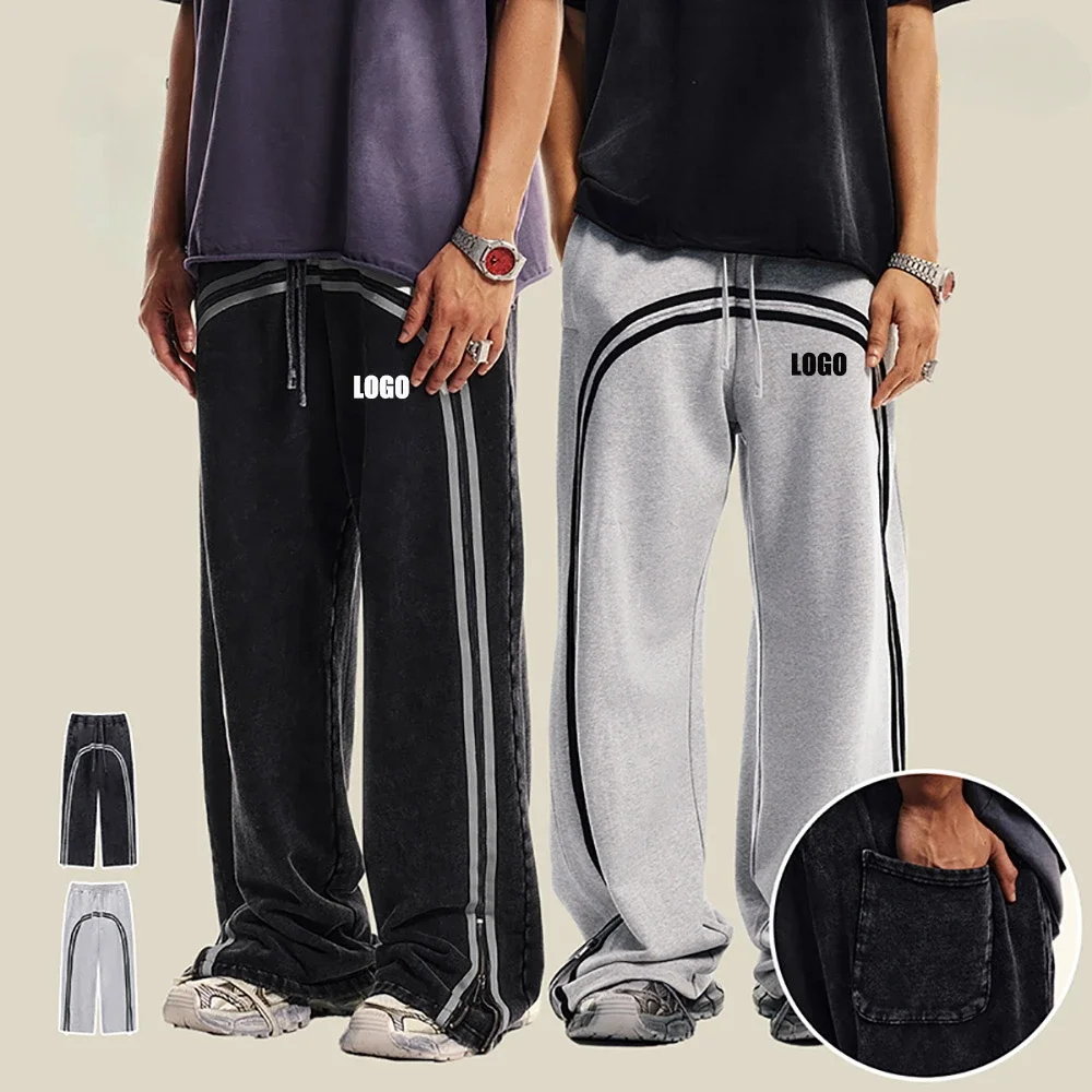 

Custom LOGO Men's 380G Heavy 100% Cotton Street Sports Wind Washed Batik Ribbon Zipper Foot Trousers Wide Sweatpants