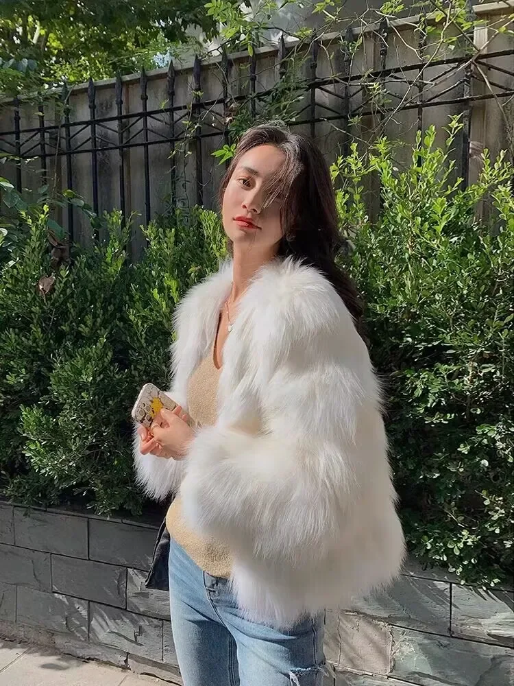 2024 겨울 신상 여성용 퍼 코트, 슬레 일체형 스킨 & 퍼 숏 한국 버전 라운드넥 긴팔 3버튼