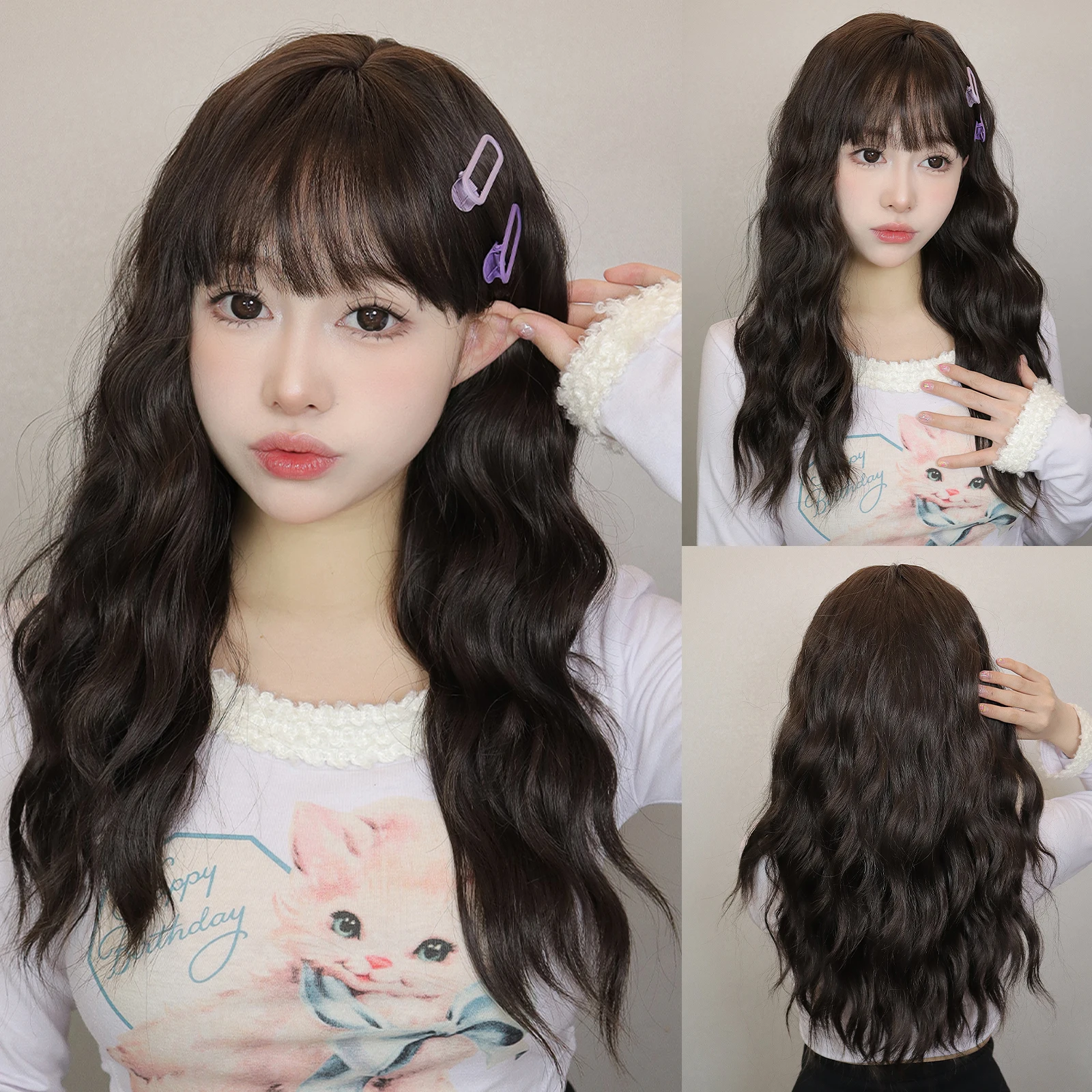 Wig cokelat tua sintetis untuk rambut wanita putih rambut keriting dengan poni panjang bergelombang wig pesta harian serat tahan panas