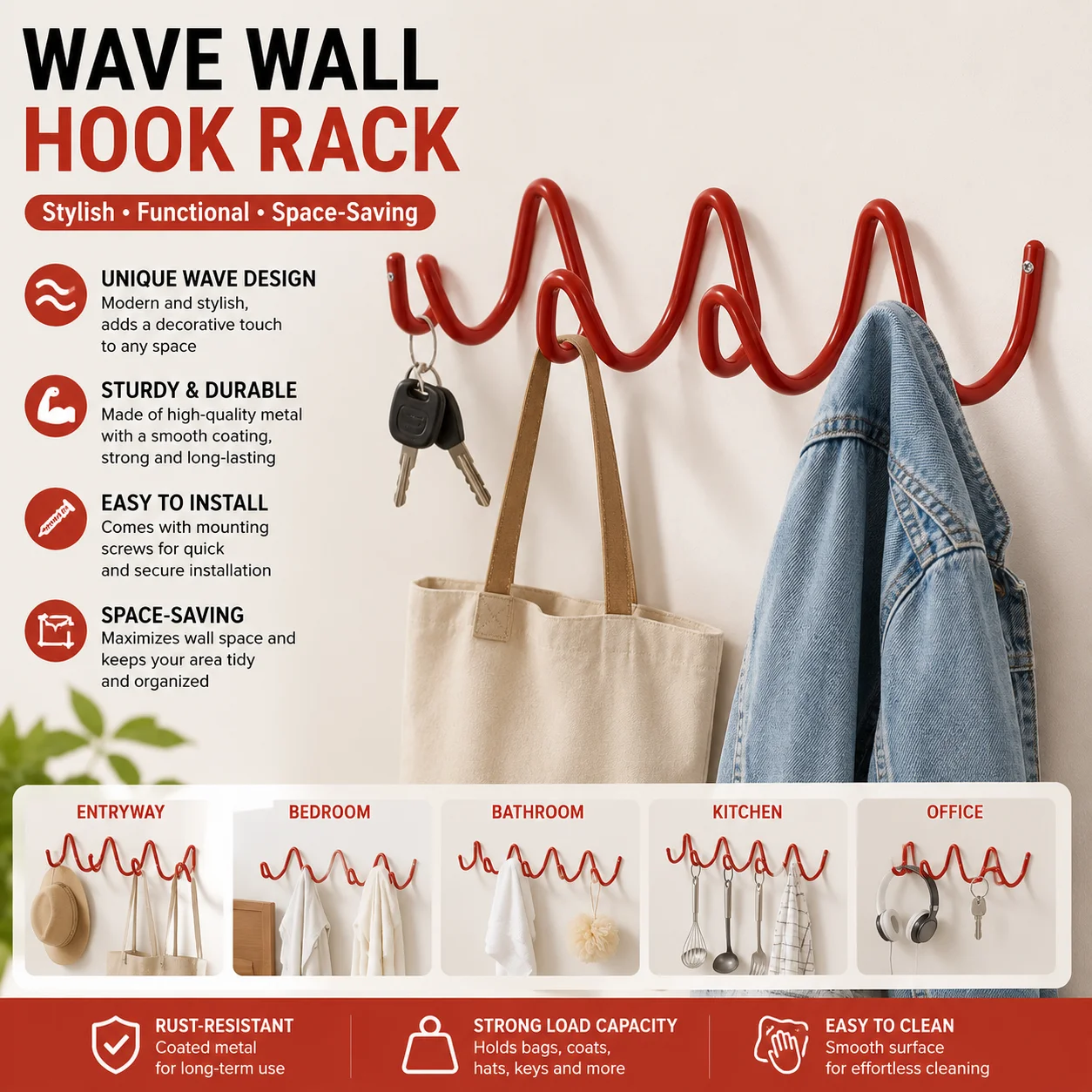 Minimalist Wavy Coat Hook Wrought Iron Decorative Wall Hanger Mounted for Entryway Bathroom Bedroom Towel Robe Hat Bag Key Decor