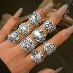 Ingemark 8Pcs Vintage Silver Color Adjustable Open Rings for Women Goth Carved Flower Metal Rings Engagement Wed Jewelry Gift