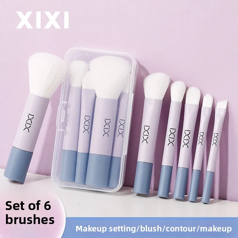 루스 파우더 파운데이션 블러쉬 컨투어 하이라이트 코, 미니 초보자 여행 키트를위한 6Pcs 휴대용 페이스 메이크업 브러쉬 세트