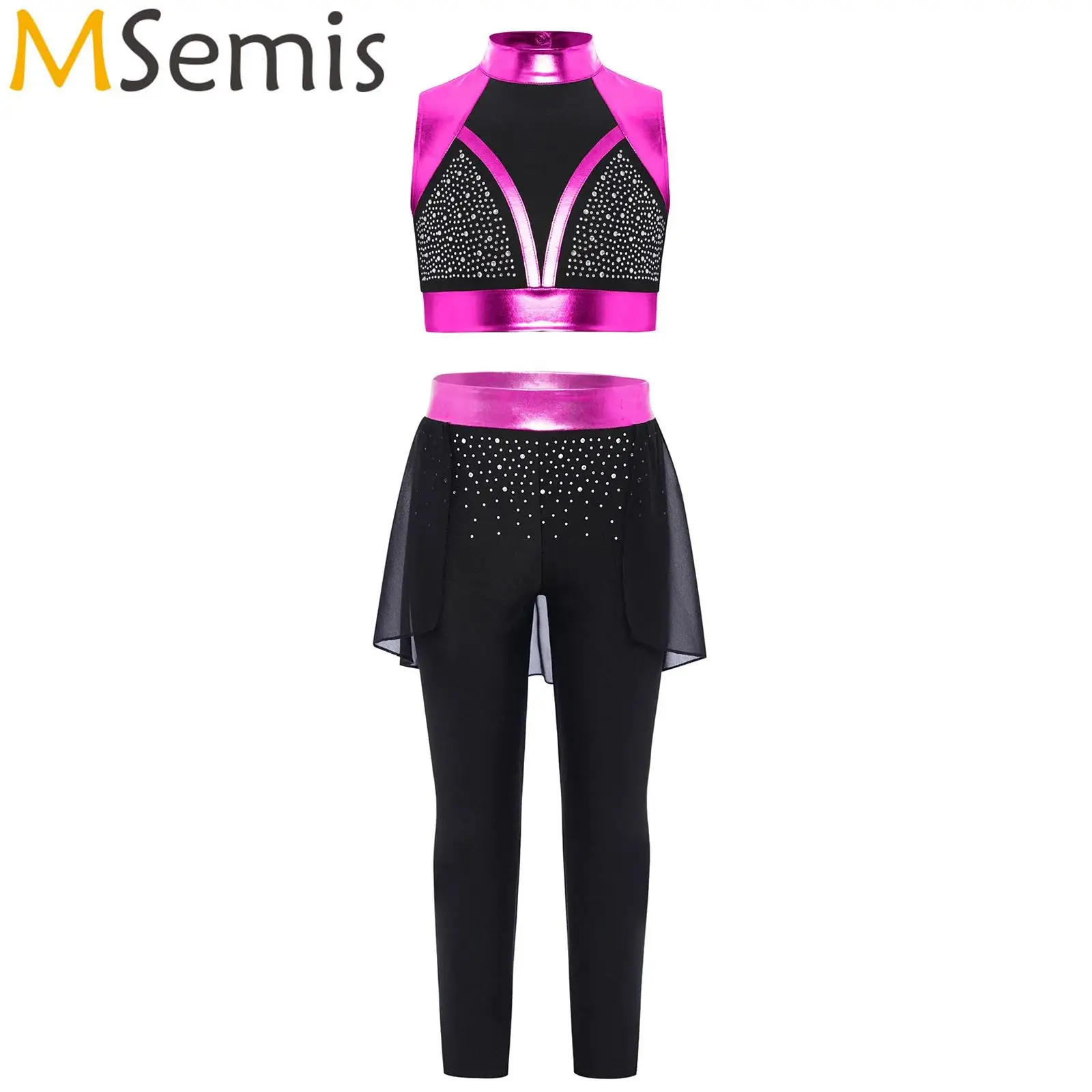 

Kids Girls Gymnastics Cheerleader Ballet Dance Performance Cheerleading Costume Shiny Rhinestones Metallic Crop Top with Pants