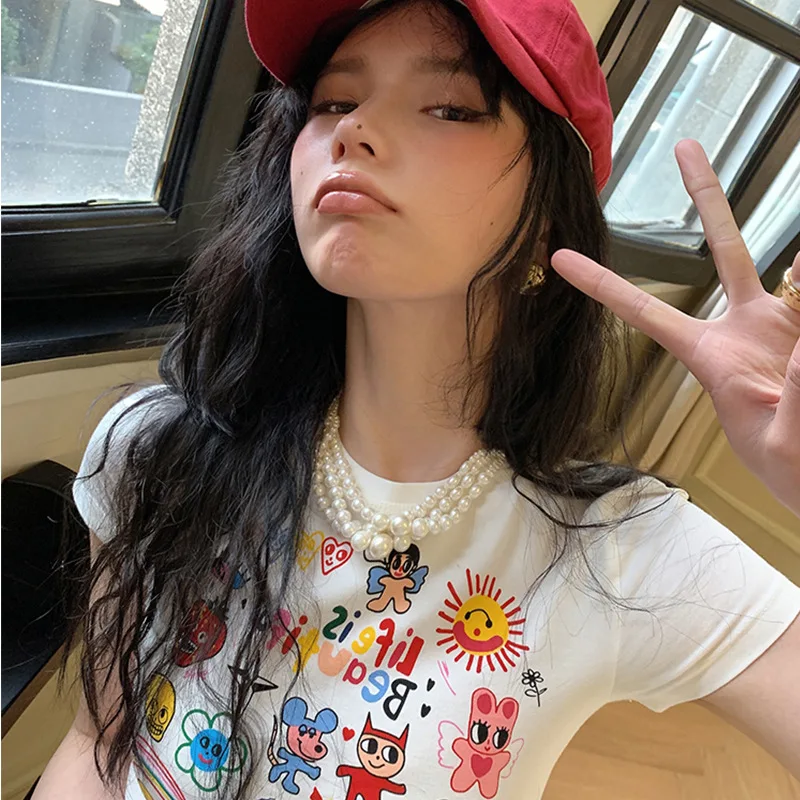 2024 New Spring Fun Cartoon Multi Pattern Cute Shirt Women's Retro Print Slim Fit T-shirt